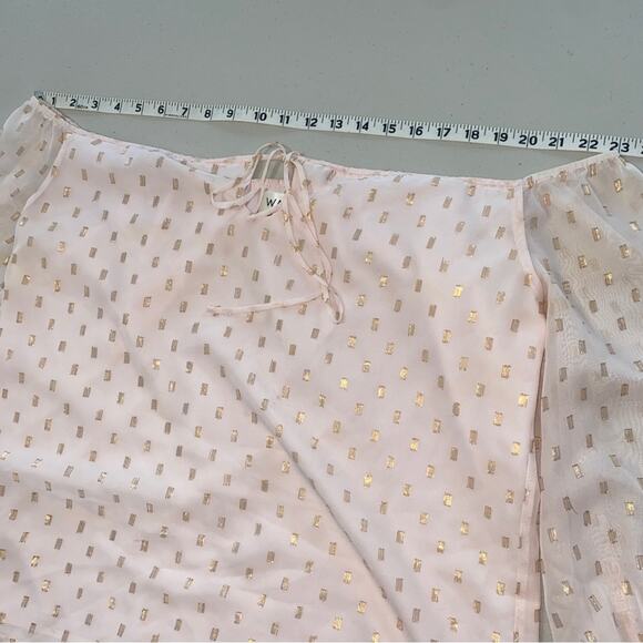 Nordstrom WAYF Pink Off-the-shoulder pink gold bow puff sleeve chiffon top Large - Picture 11 of 15